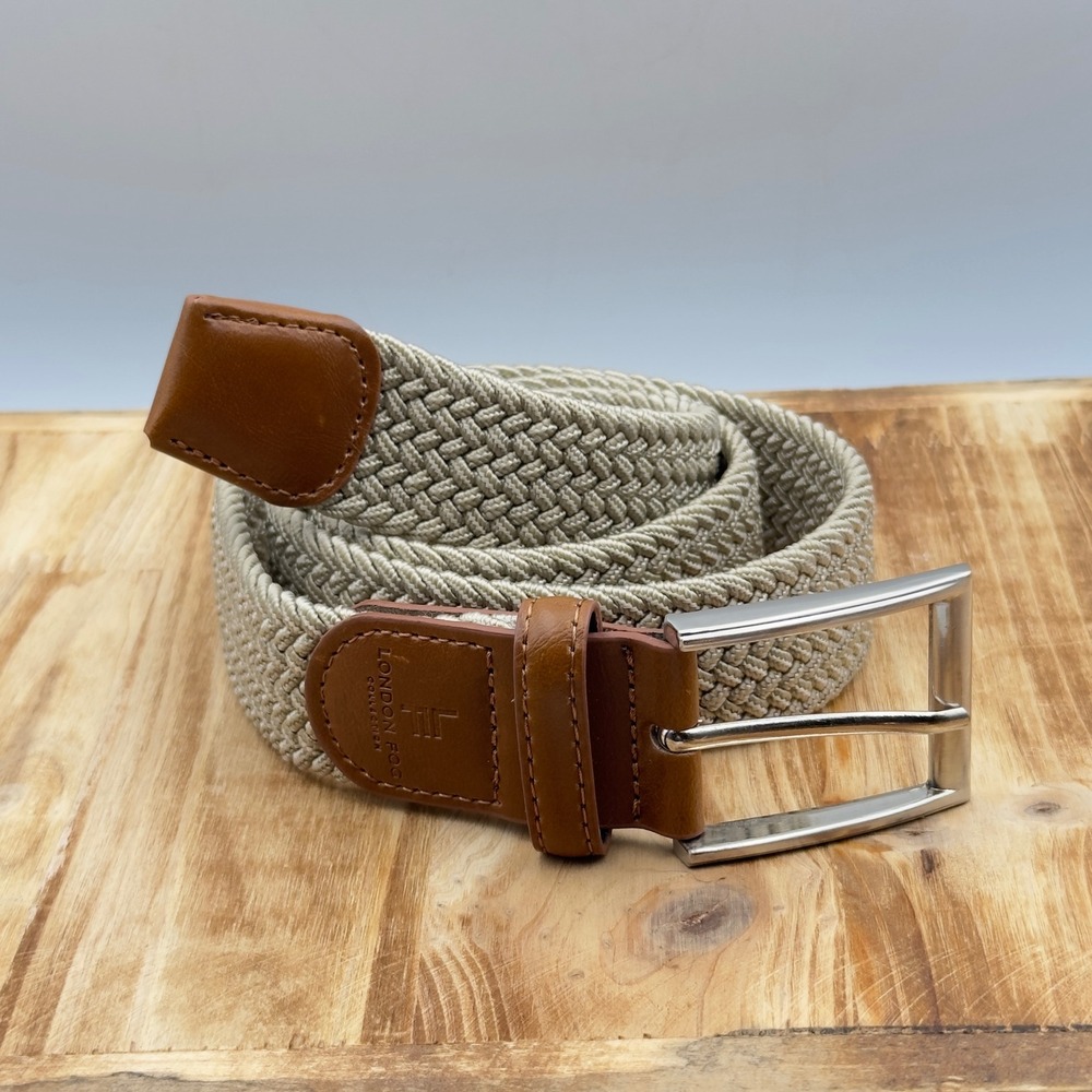 London Fog Belt Tan Braided Elastic Woven 32/34 Casual Stretch Classic Men